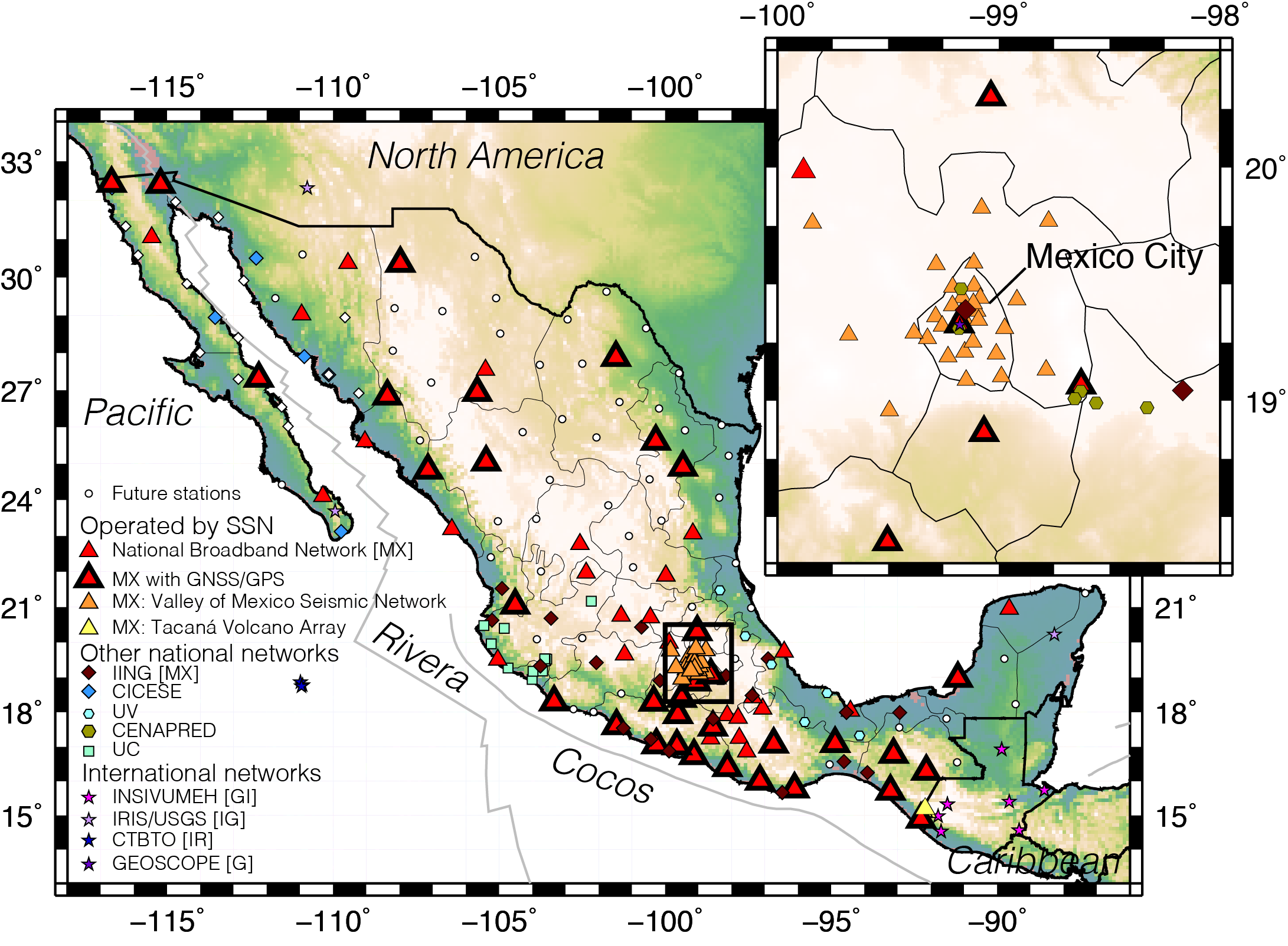 Stations that contribute with data to the location of earthquakes within Mexico.